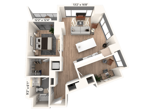 Floor plan for 1 bed, 1 bath, 897 sqft